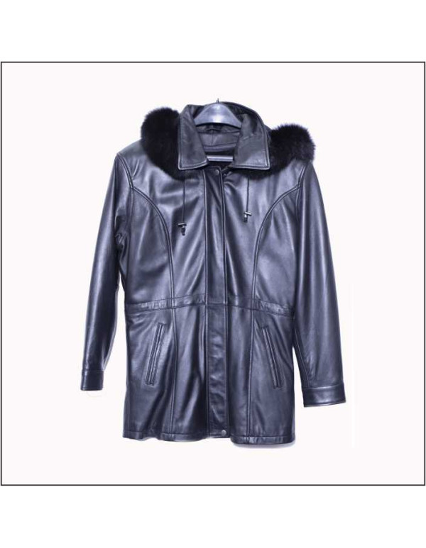 Bhogalli ladies leather jacket with detachable lining, hood with fox fur trim