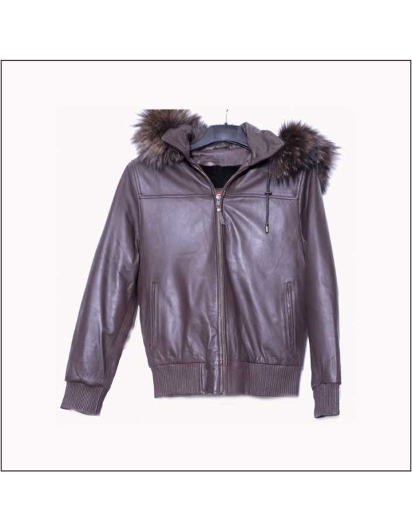 Bhogalli ladies leather bomber jacket with detachable lining, hood with raccoon fur trim