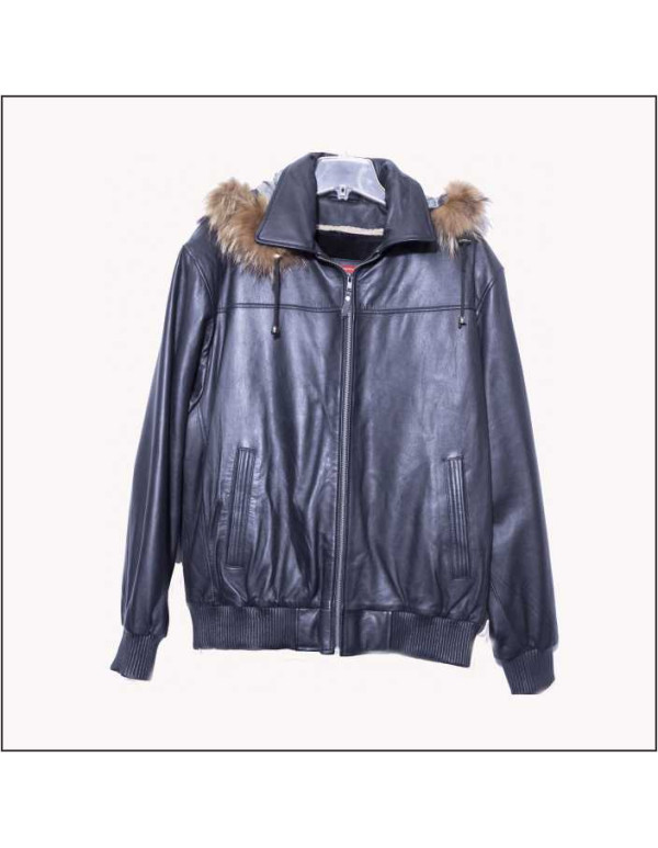 Bhogalli mens Bomber leather jacket with detachable lining and hood with raccoon fur
